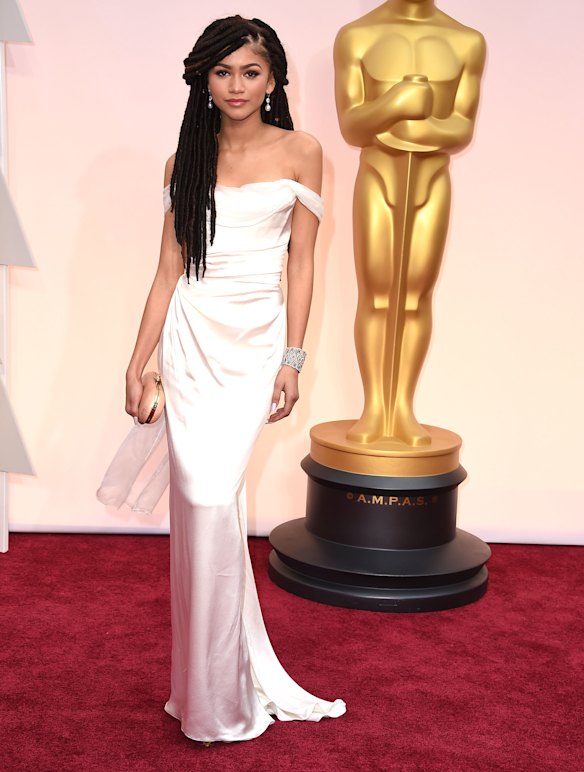 Zendaya, aged 18, at her first Academy Awards in 2015.