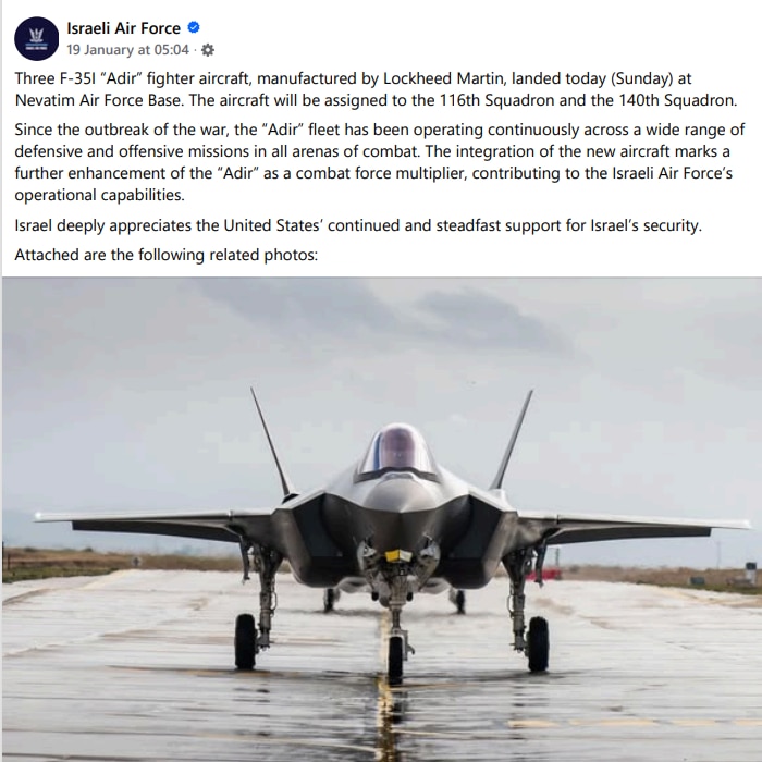 A statement posted to Israeli Air Force social media announcing arrival of new F-35 jets from the US.