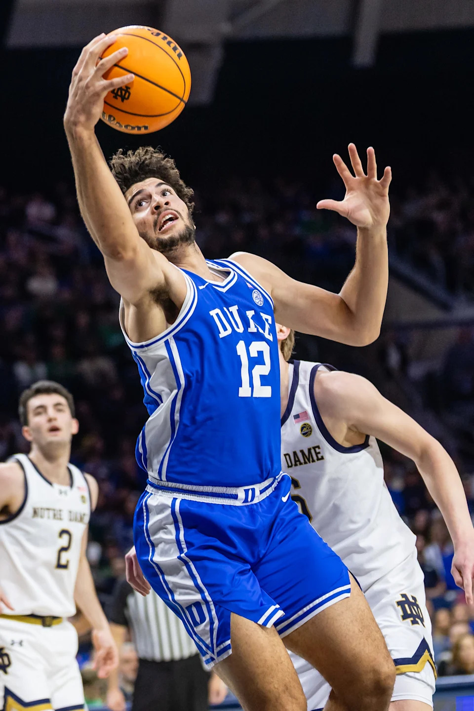 SOUTH BEND, INDIANA - FEBRUARY 24: Cameron Boozer #12 of the Duke Blue Devils reaches for the ball during the first half against the Notre Dame Fighting Irish at Purcell Pavilion on February 24, 2026 in South Bend, Indiana. (Photo by Michael Hickey/Getty Images)