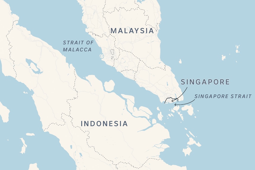 A map showing the Strait of Malacca, Indonesia, Malaysia, Singapore and the Singapore Strait