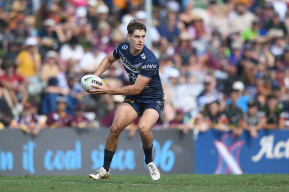 Tom Duffy in action for the North Queensland Cowboys during the 2024 NRL preseason trials.