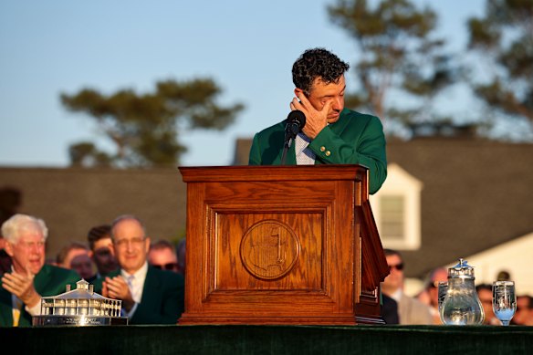 McIlroy wipes away a tear during his winner’s speech.
