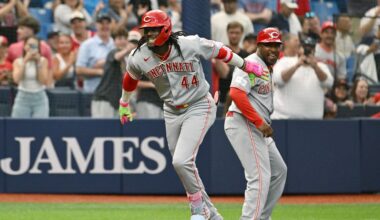 Cincinnati Reds' Elly de la Cruz (44) and third base coach Willie Harris celebrate de la Cruz's two run home run during the first inning of a baseball game against the Tampa Bay Rays Tuesday, April 21, 2026, in St. Petersburg, Fla. (AP Photo/Jason Behnken)