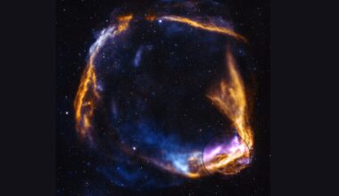 A circular array of blue and pink and orange gas swirls against a dark starry background