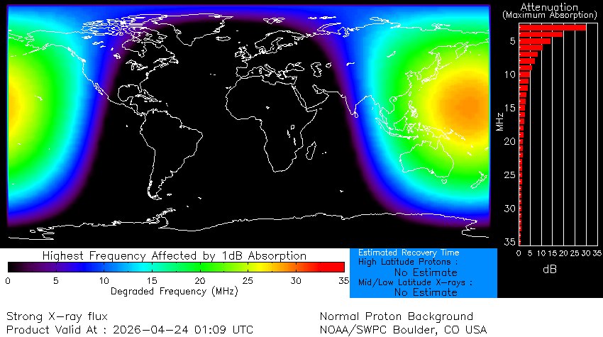 map showing the concentrated radio blackout across the South Pacific and Australia