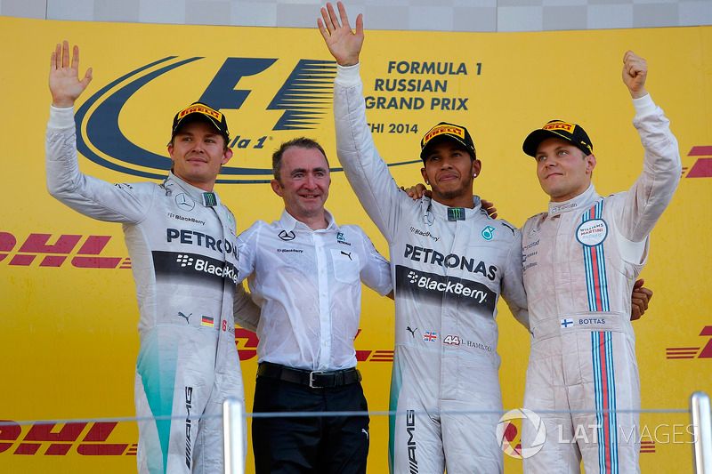 Valtteri Bottas on the podium at the 2014 Russian Grand Prix alongside his future Mercedes team-mate and Lewis Hamilton. Behind the scenes, the Finn was starving himself to help his car get below the weight limit.

