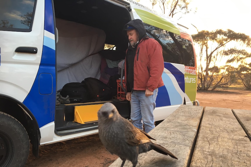 Man wearing hood standing next to camper van with bird in shot