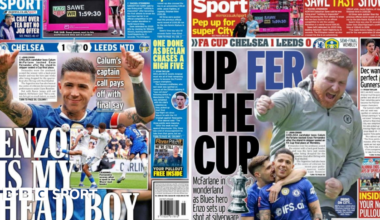 Back page of Daily Express says 'Enzo is my head boy' while Daily Mirror say 'Up fer the cup'