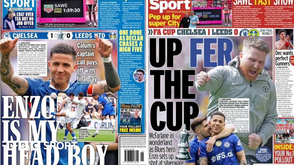 Back page of Daily Express says 'Enzo is my head boy' while Daily Mirror say 'Up fer the cup'