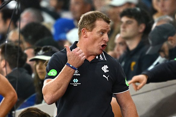 Blues coach Michael Voss expresses himself during the loss to North Melbourne.