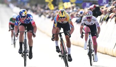OUDENAARDE, BELGIUM - APRIL 05: (L-R) Zoe Backstedt of Great Britain and Team CANYON//SRAM zondacrypto, Lotte Kopecky of Belgium and Team SD Worx - Protime and Karlijn Swinkels of Netherlands and UAE Team ADQ sprint at finish line during the 23rd Tour of Flanders 2026 - Ronde van Vlaandere - Women&amp;apos;s Elite a 164.1km one day race from Oudenaarde to Oudenaarde / #UCIWWT / on April 05, 2026 in Oudenaarde, Belgium. (Photo by Dario Belingheri/Getty Images)