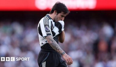 Newcastle's Sandro Tonali wipes his face with his shirt