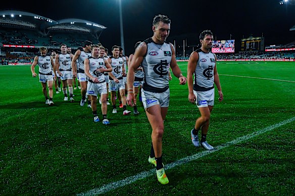 Patrick Cripps leads the Blues off the ground after another loss, this time to the Crows at Adelaide Oval.