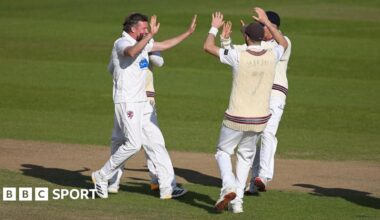 Somerset celebrate taking a wicket