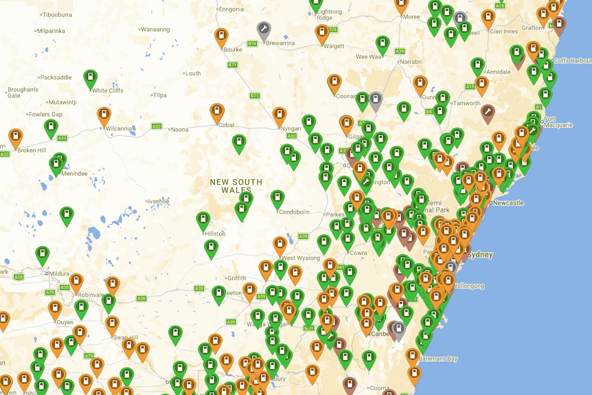 Screenshot of the Plug Share website, showing pinpoints of EV charging stations across New South Wales. 
