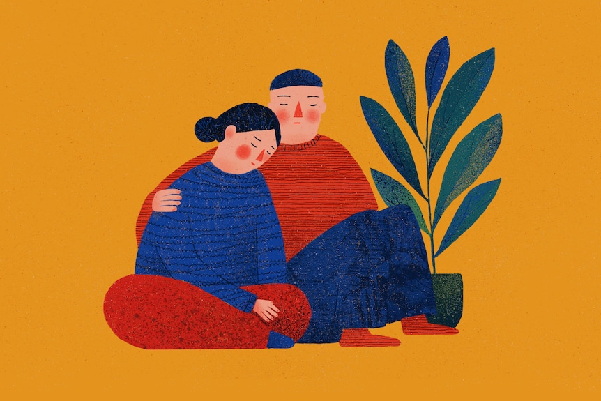 Illustration of two people hugging each other. 