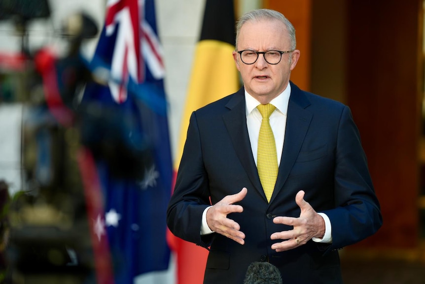 Albanese stands in front of Australian and Indigenous flag and gesture while speaking. Wears blue suit, lime green tie.