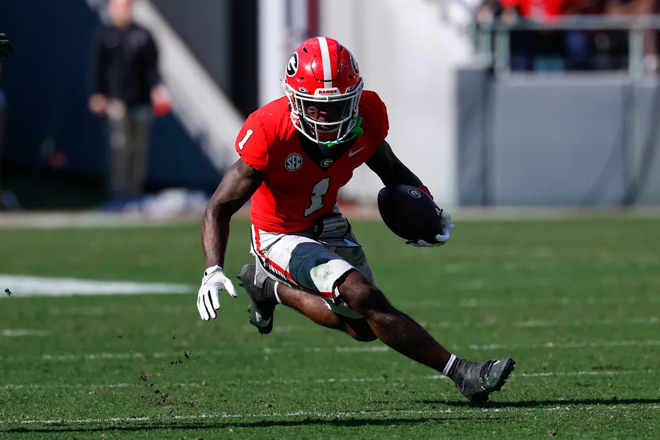 Zachariah Branch #1 of the Georgia Bulldogs turns upfield after a reception