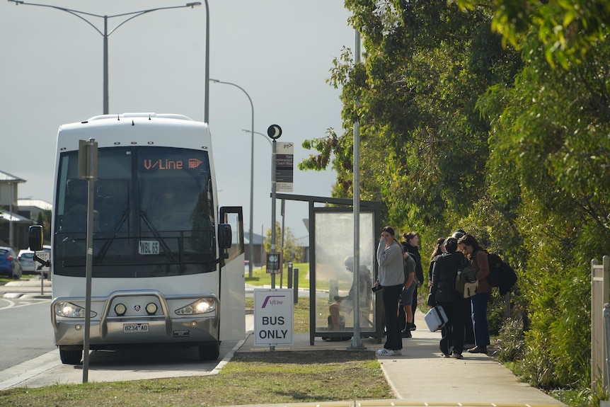 People stand on a footpath between trees and a bus stop were a white bus with an electronic sign saying "V/Line" is parked.
