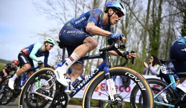 French Paul Magnier of Soudal Quick-Step pictured in action during the men elite race of the 'Dwars Door Vlaanderen' cycling event, 184,6km from Roeselare to Waregem, Wednesday 01 April 2026.BELGA PHOTO JASPER JACOBS (Photo by JASPER JACOBS / BELGA MAG / Belga via AFP)
