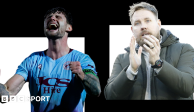 Split image showing Gateshead captain Kenton Richardson celebrating and manager Rob Elliot clapping