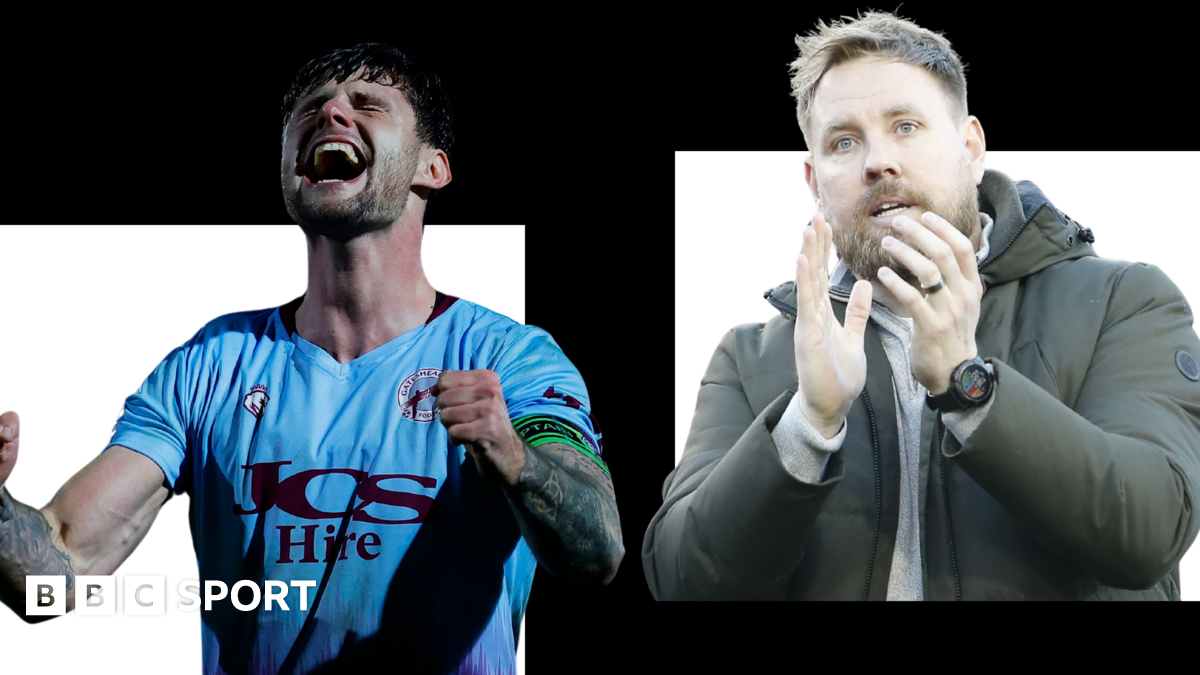 Split image showing Gateshead captain Kenton Richardson celebrating and manager Rob Elliot clapping