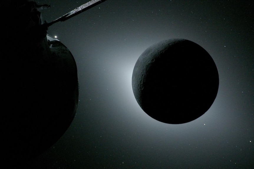 Orion is visible in the foreground on the left. Earth is reflecting sunlight at the left edge of the Moon