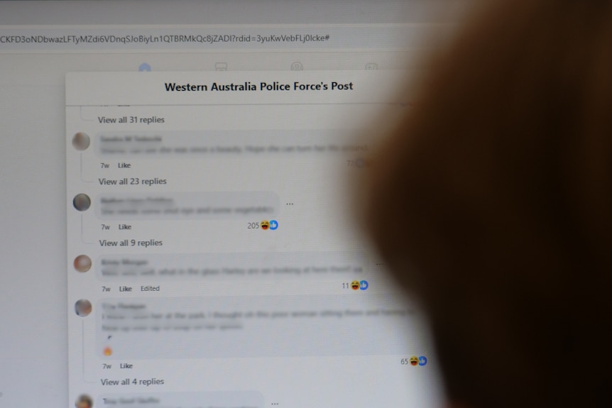 A blurred head looks at a laptop screen of blurred comments with under the heading 'Western Australia Police Force's Post'.