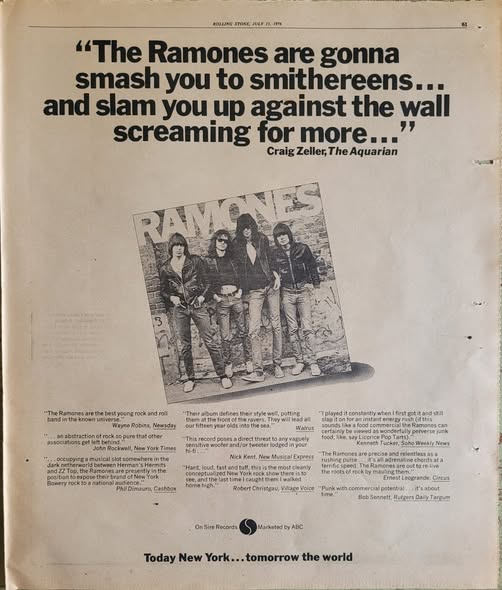 Newspaper ad for Ramones debut album featuring album cover and quotes from journalists praising the record.