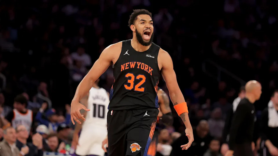 Jan 27, 2026; New York, New York, USA; New York Knicks center Karl-Anthony Towns (32) reacts during the fourth quarter against the Sacramento Kings at Madison Square Garden. 