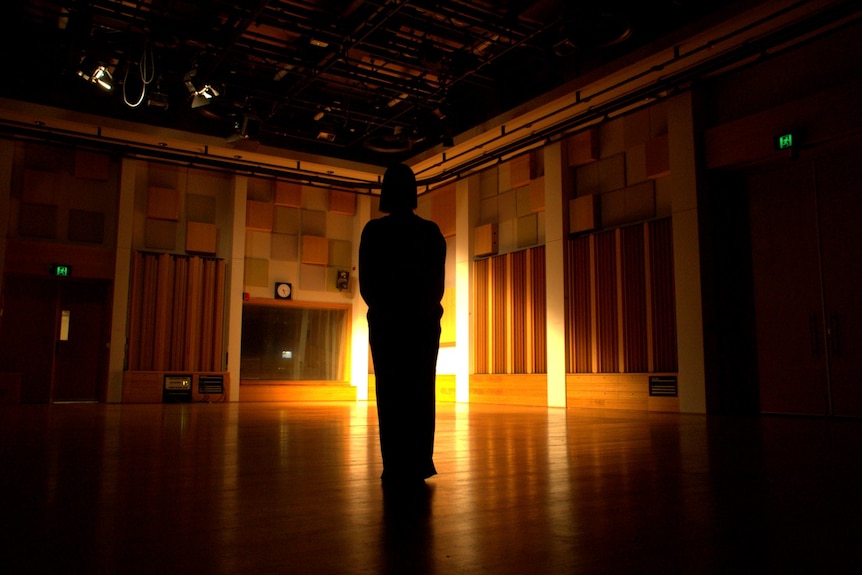 The silhouette of a woman standing