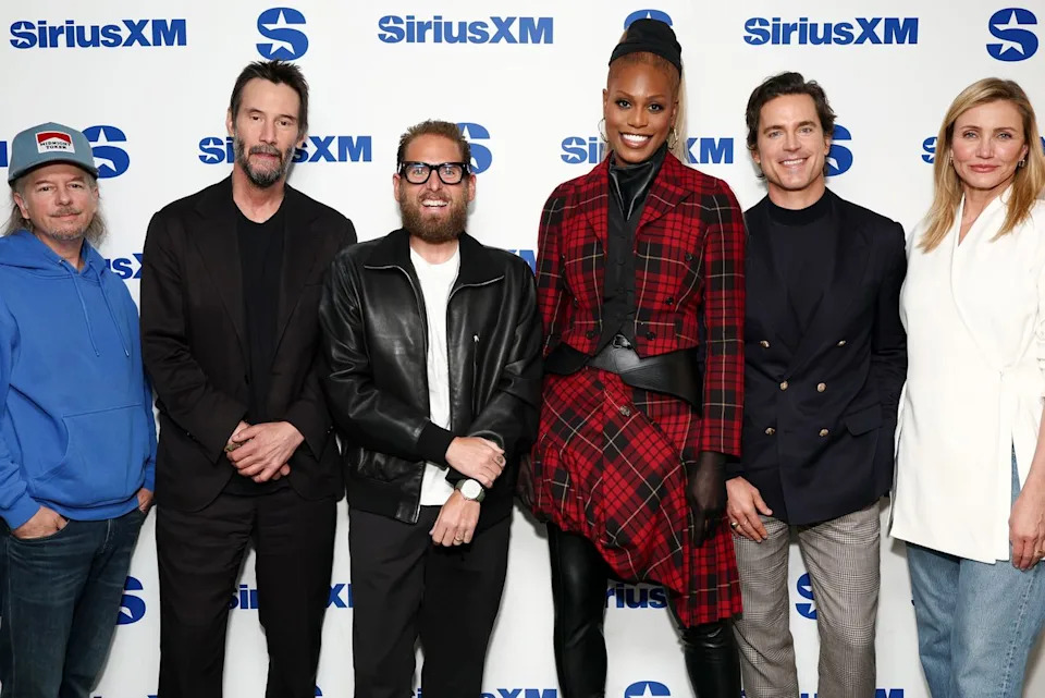 From left: 'Outcome' stars David Spade, Keanu Reeves, Jonah Hill, Laverne Cox, Matt Bomer and Cameron Diaz in N.Y.C. on April 6, 2026Credit: Cindy Ord/Getty