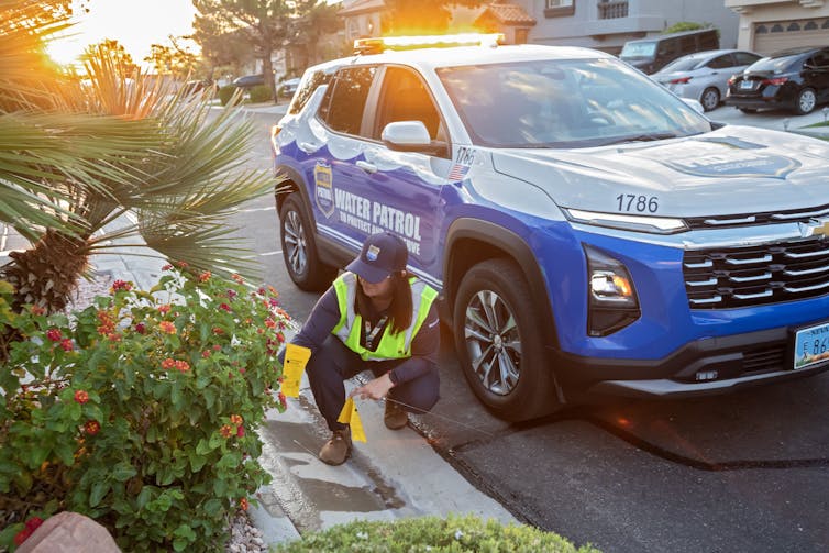 A woman in a reflective vest checks a plant along a street. Behind her, an SUV has the words 'Water Patrol' on the side.