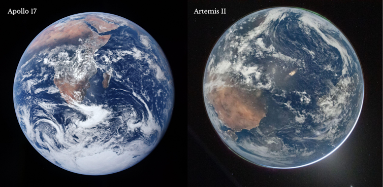 Two photos of the entire Earth as shown from space.