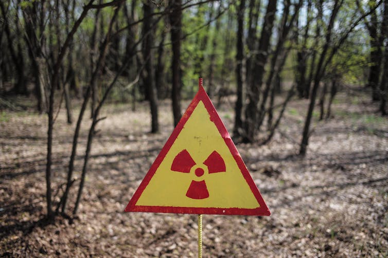 A sign warning people not to enter the forest around Chernobyl.