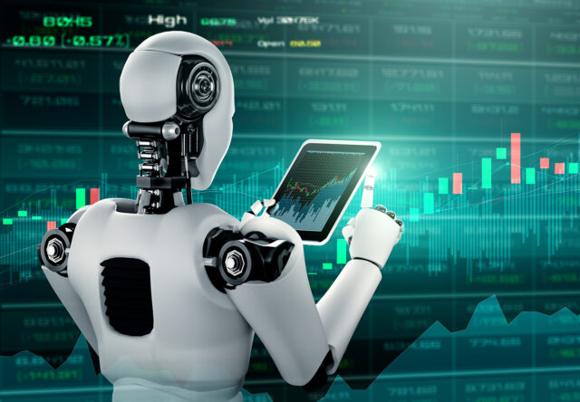 financial technology controlled by AI robot using machine learning and artificial intelligence to analyze business data and give advice on investment