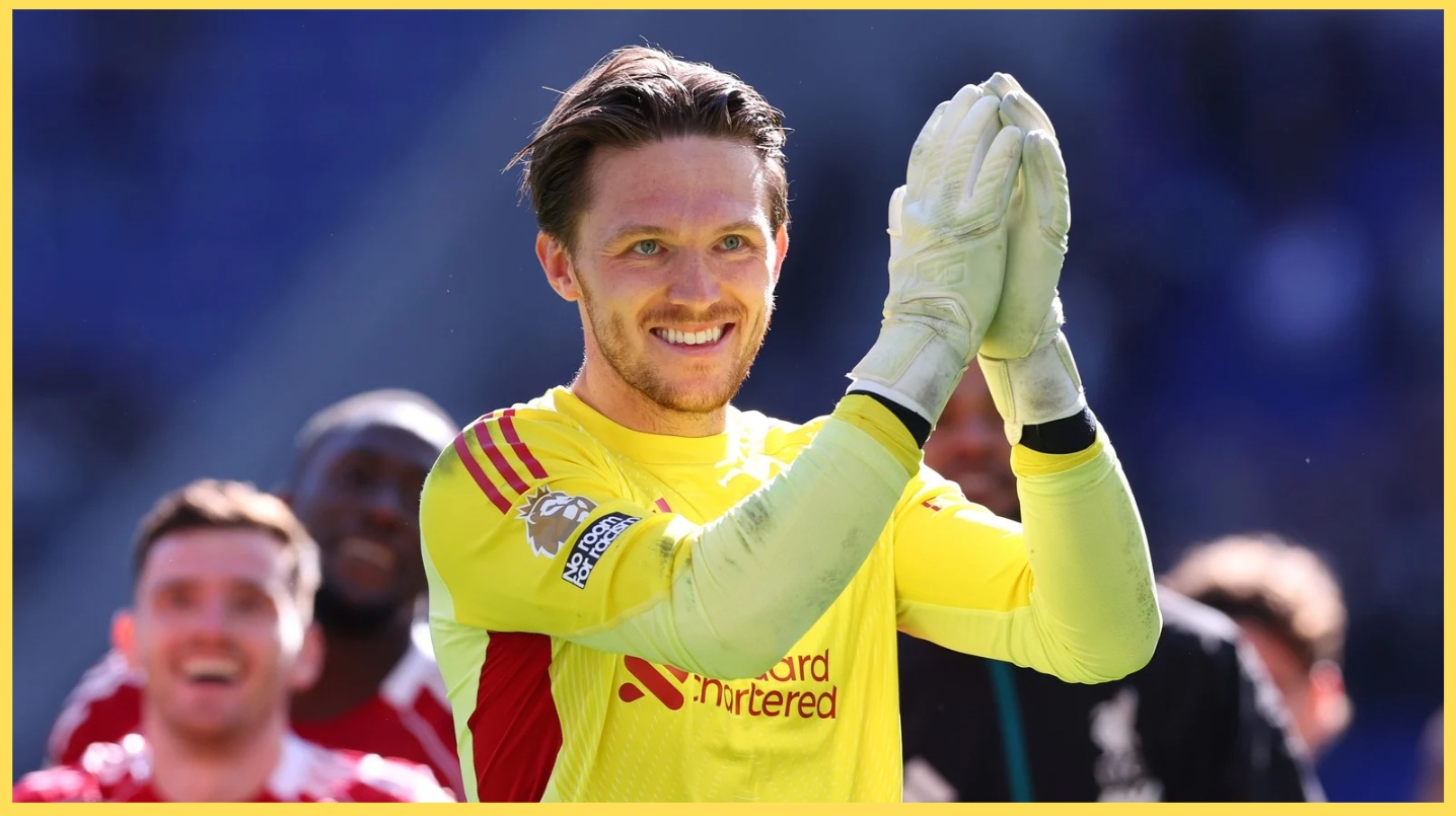 Freddie Woodman applauds the Liverpool fans after the Merseyside derby