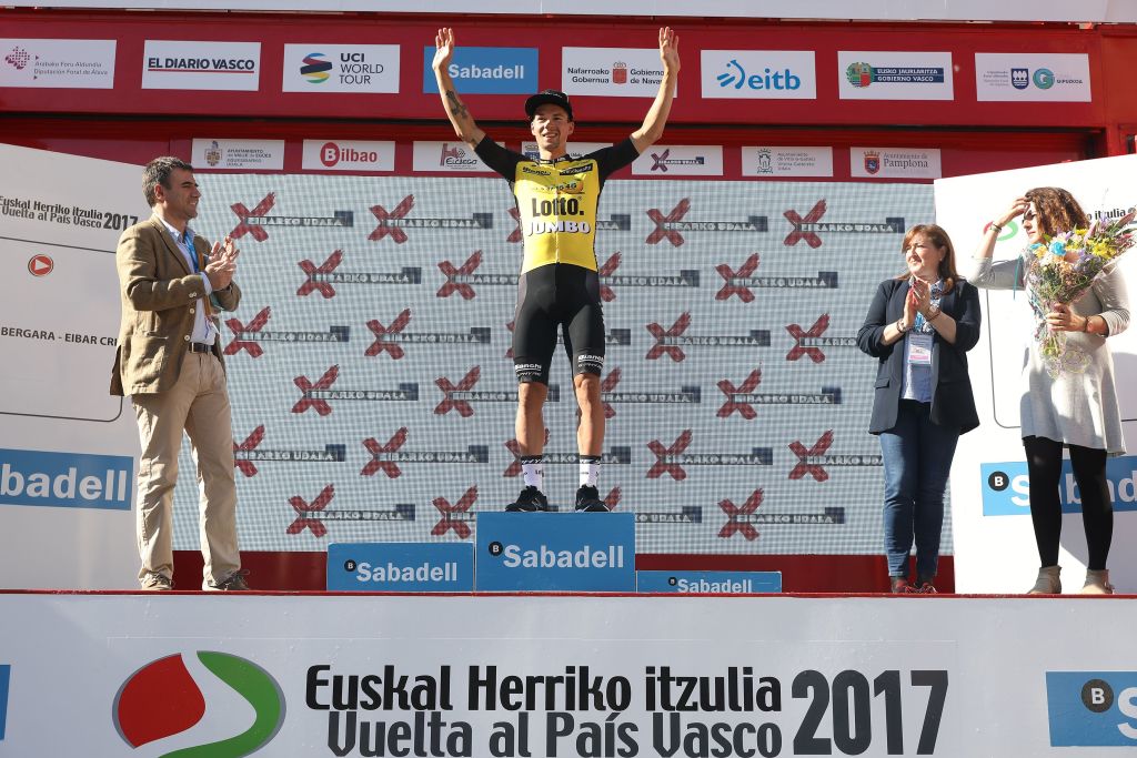 Vuelta al Pa&iacute;s Vasco 2017: Primoz Roglič celebrates the first of many TT stage wins