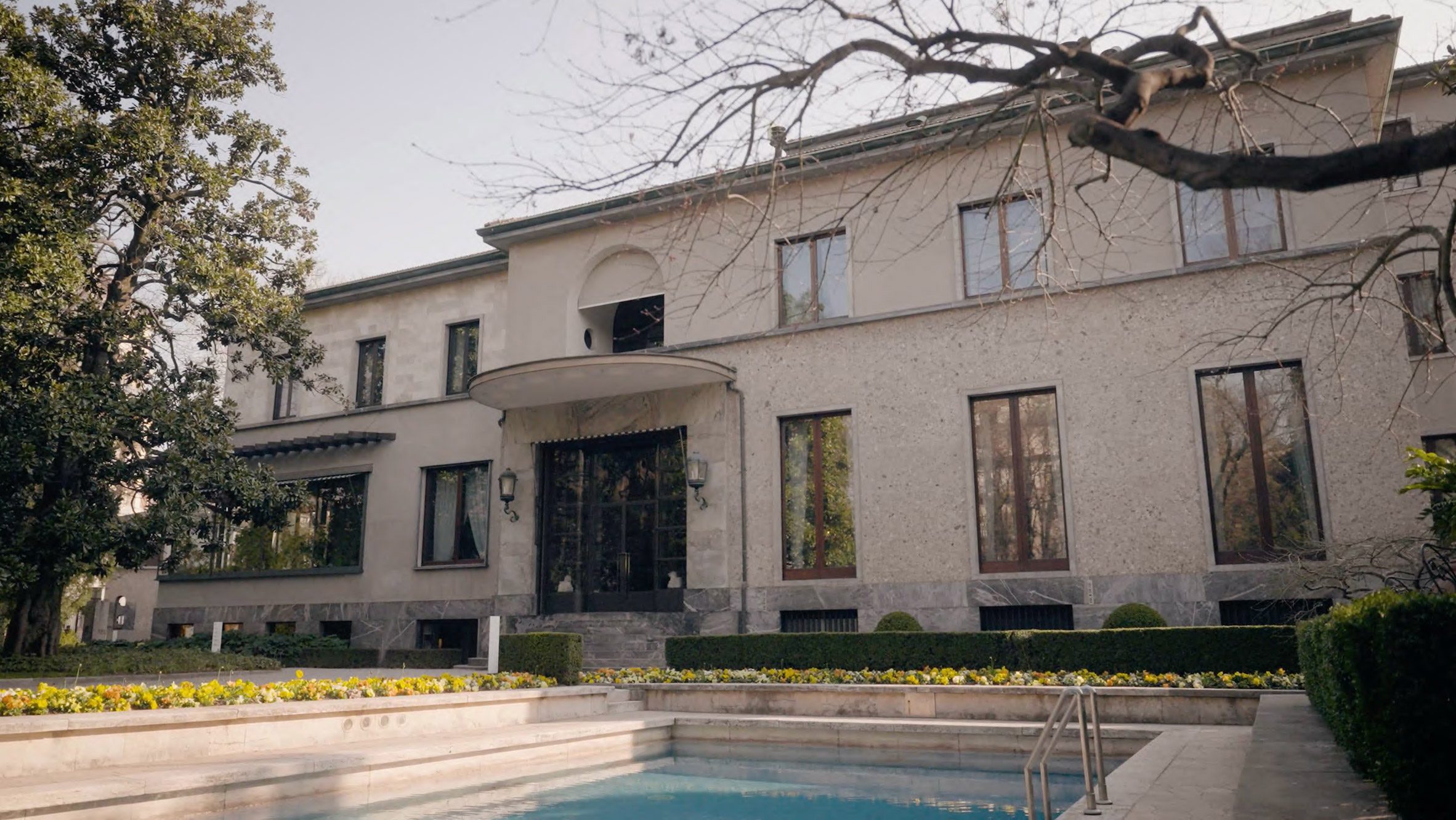 Exterior of Villa Necchi Campiglio with swimming pool in Milan