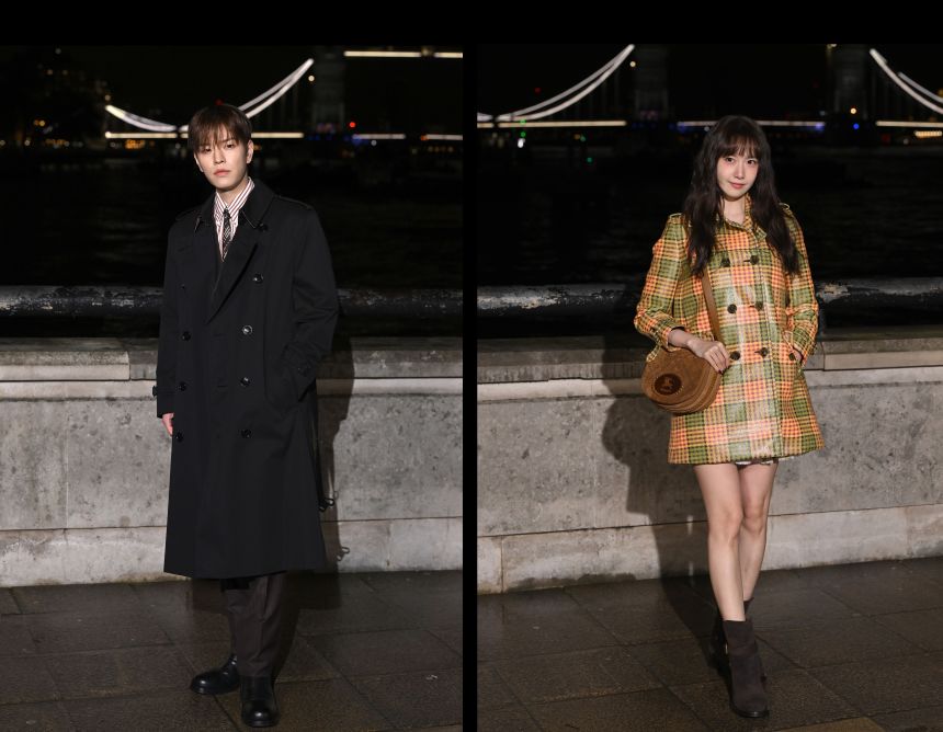 South Korean singer Seungmin of the Stray Kids band (left) and South Korean singer-actress Yoona (right) attend the Burberry show during London Fashion Week at Old Billingsgate on February 23, 2026 in London, England.