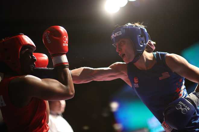Rashida Ellis fights Ame Moore during the 2020 U.S. Olympic Boxing Team Trials at Golden Nugget Lake Charles Hotel &amp; Casino on December 15, 2019 in Lake Charles, Louisiana. (Photo by Chris Graythen/Getty Images)