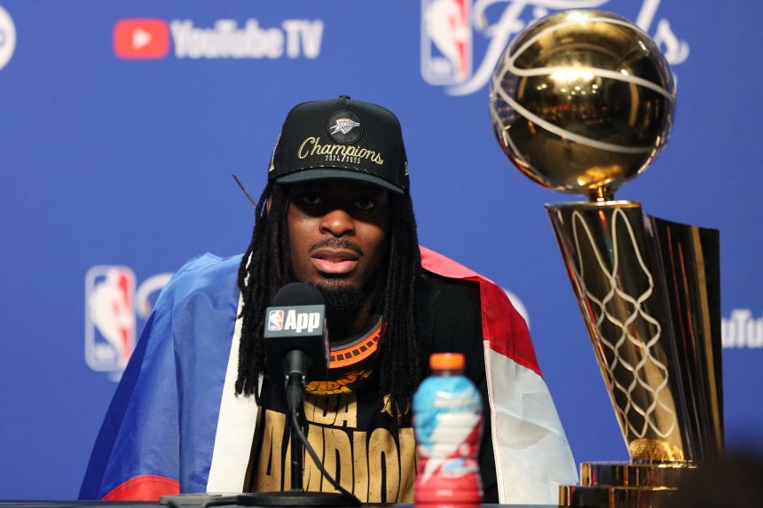 Dort speaking to the press after winning the 2025 NBA title on June 22, 2025 in Oklahoma City.