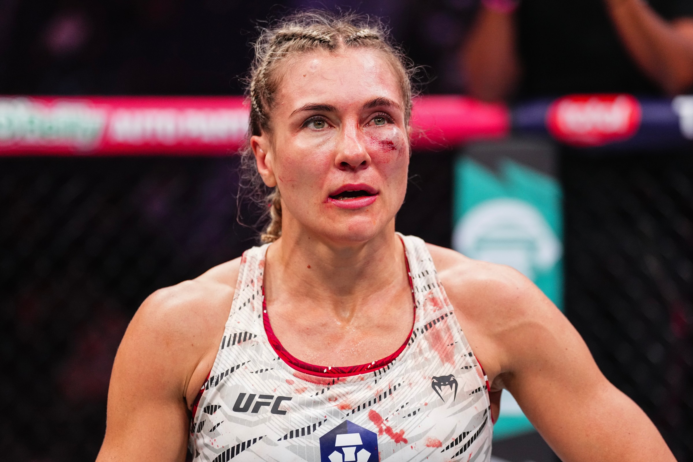 LAS VEGAS, NEVADA - OCTOBER 04: Yana Santos of Russia awaits the decision following her bantamweight fight during the UFC 320 event at T-Mobile Arena on October 04, 2025 in Las Vegas, Nevada. (Photo by Jeff Bottari/Zuffa LLC)