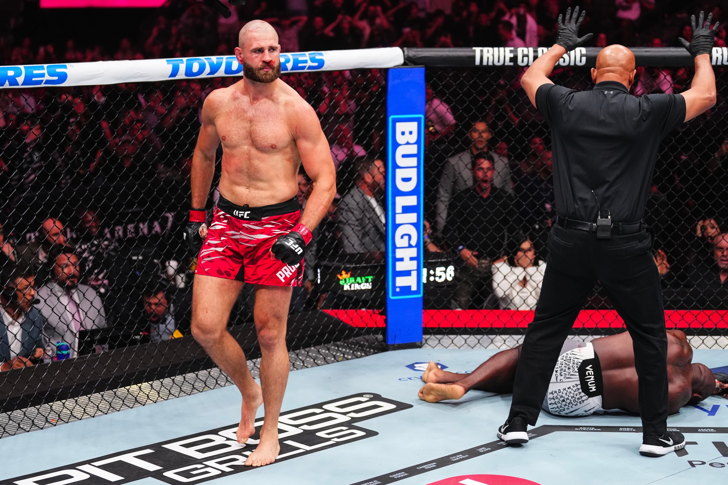 LAS VEGAS, NEVADA - OCTOBER 04: Jiri Prochazka of the Czech Republic reacts to his knockout of Khalil Rountree Jr. in a light heavyweight fight during the UFC 320 event at T-Mobile Arena on October 04, 2025 in Las Vegas, Nevada. (Photo by Jeff Bottari/Zuffa LLC)