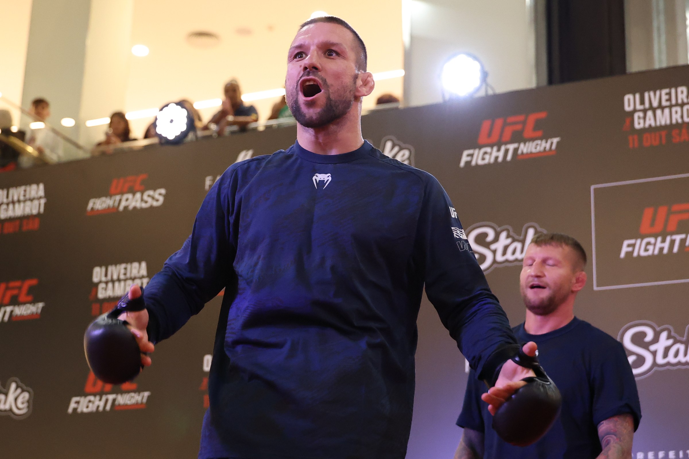 RIO DE JANEIRO, BRAZIL - OCTOBER 8: Mateusz Gamrot works out for fans and media at Barra Shopping Mall on October 8, 2025 in Rio de Janeiro, Brazil. (Photo by Ed Mulholland/Zuffa LLC)