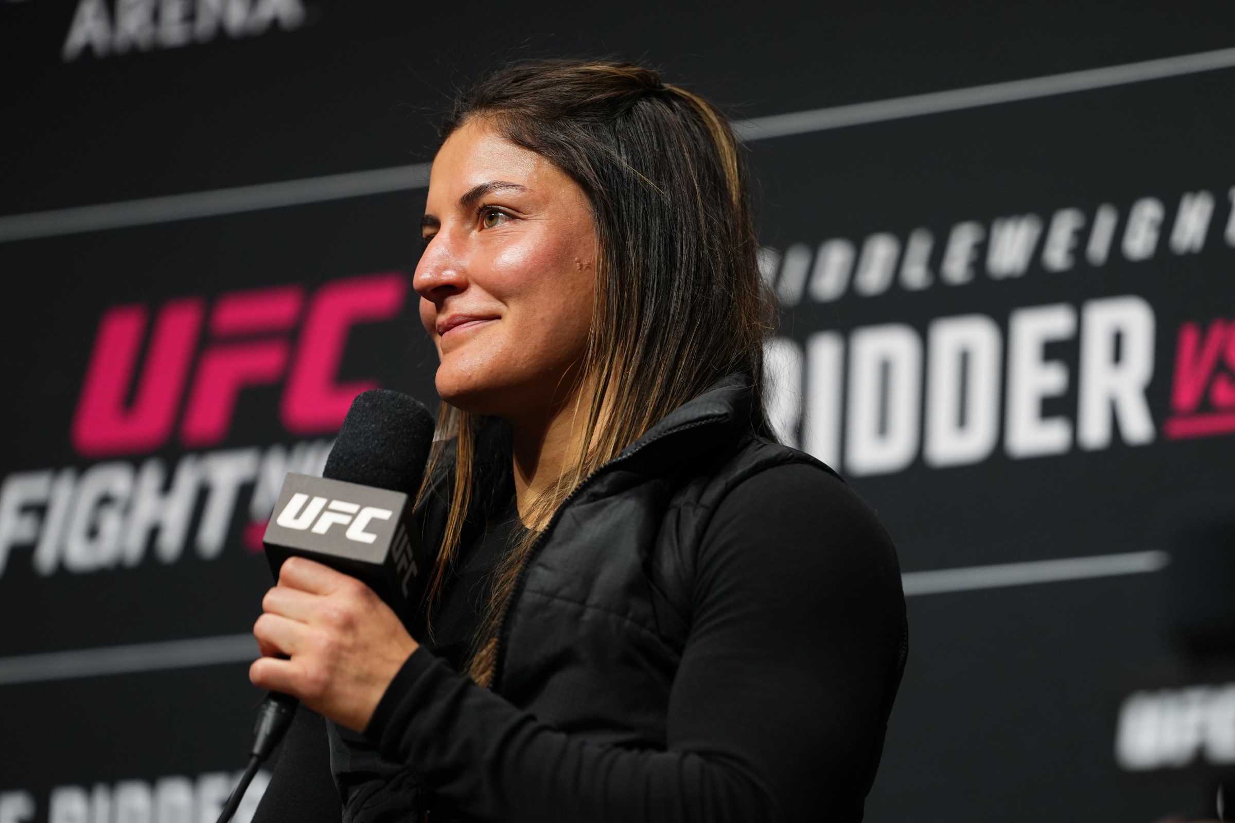 VANCOUVER, BRITISH COLUMBIA - OCTOBER 17: Loopy Godinez is seen on stage during a Q&A session prior the UFC Fight Night ceremonial weigh-ins at Rogers Arena on October 17, 2025 in Vancouver, British Columbia. (Photo by Cooper Neill/Zuffa LLC)