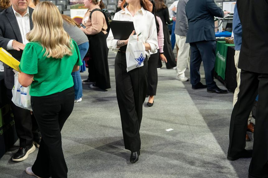 Jobseekers at the Appalachian State University internship and job fair in Boone, North Carolina, on October 24, 2025.