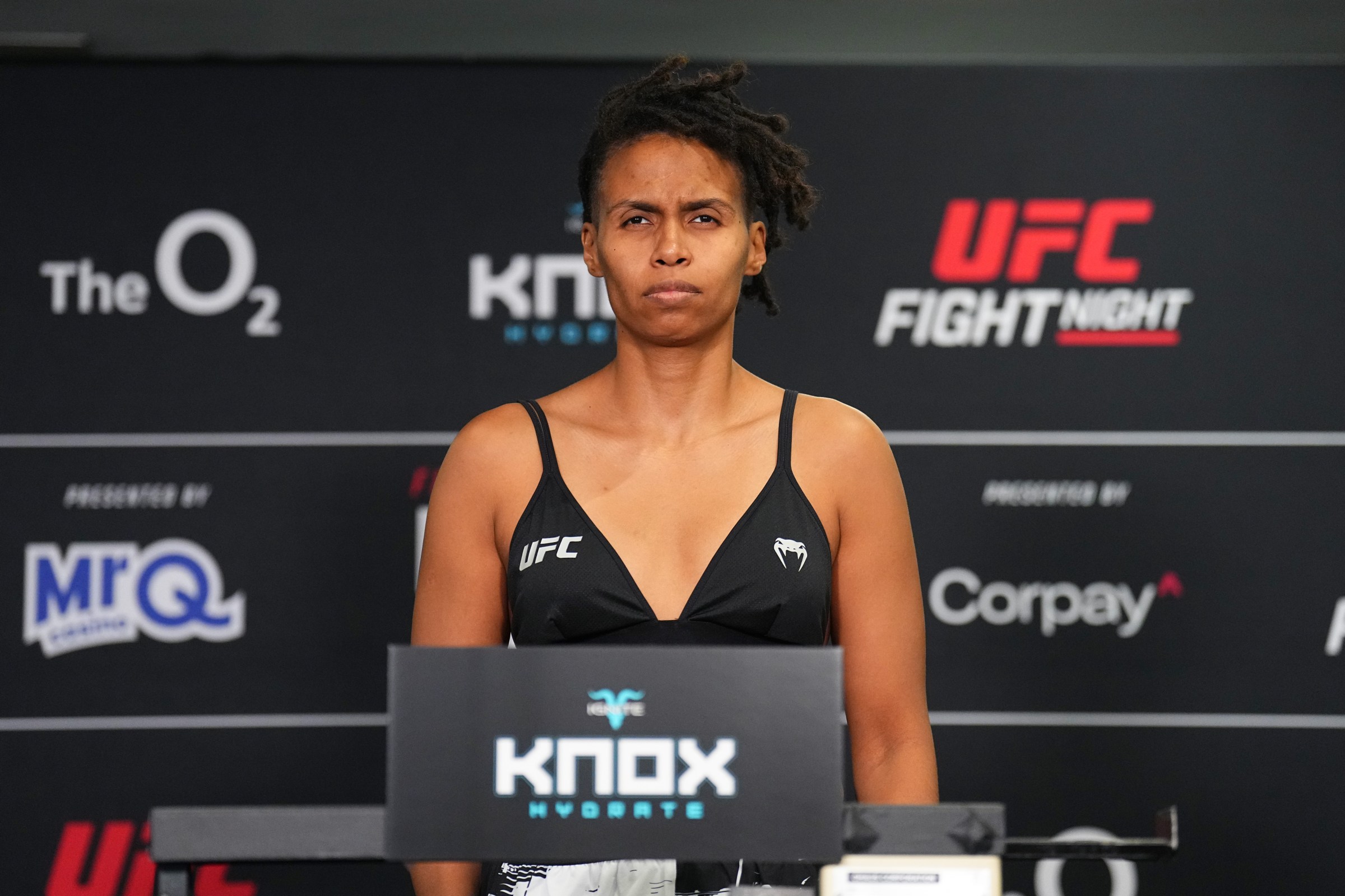LONDON, ENGLAND - MARCH 20: Luana Carolina of Brazil poses on the scale during the UFC Fight Night official weigh-in at The Hilton London Canary Wharf on March 20, 2026 in London, England. (Photo by Chris Unger/Zuffa LLC)