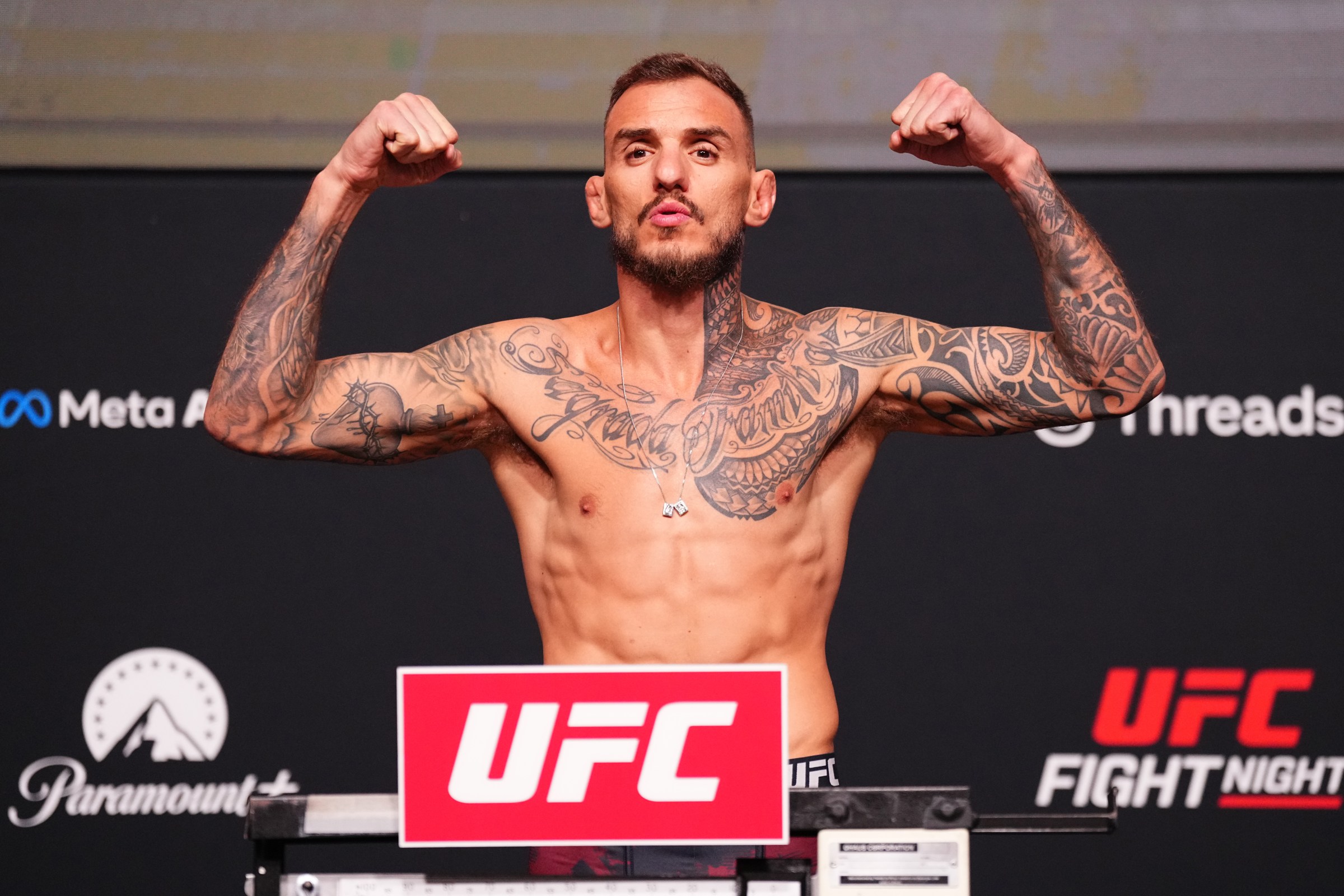 LAS VEGAS, NEVADA - APRIL 03: Renato Moicano of Brazil poses on the scale during the UFC Fight Night official weigh-ins at Meta APEX on April 03, 2026 in Las Vegas, Nevada. (Photo by Jeff Bottari/Zuffa LLC)
