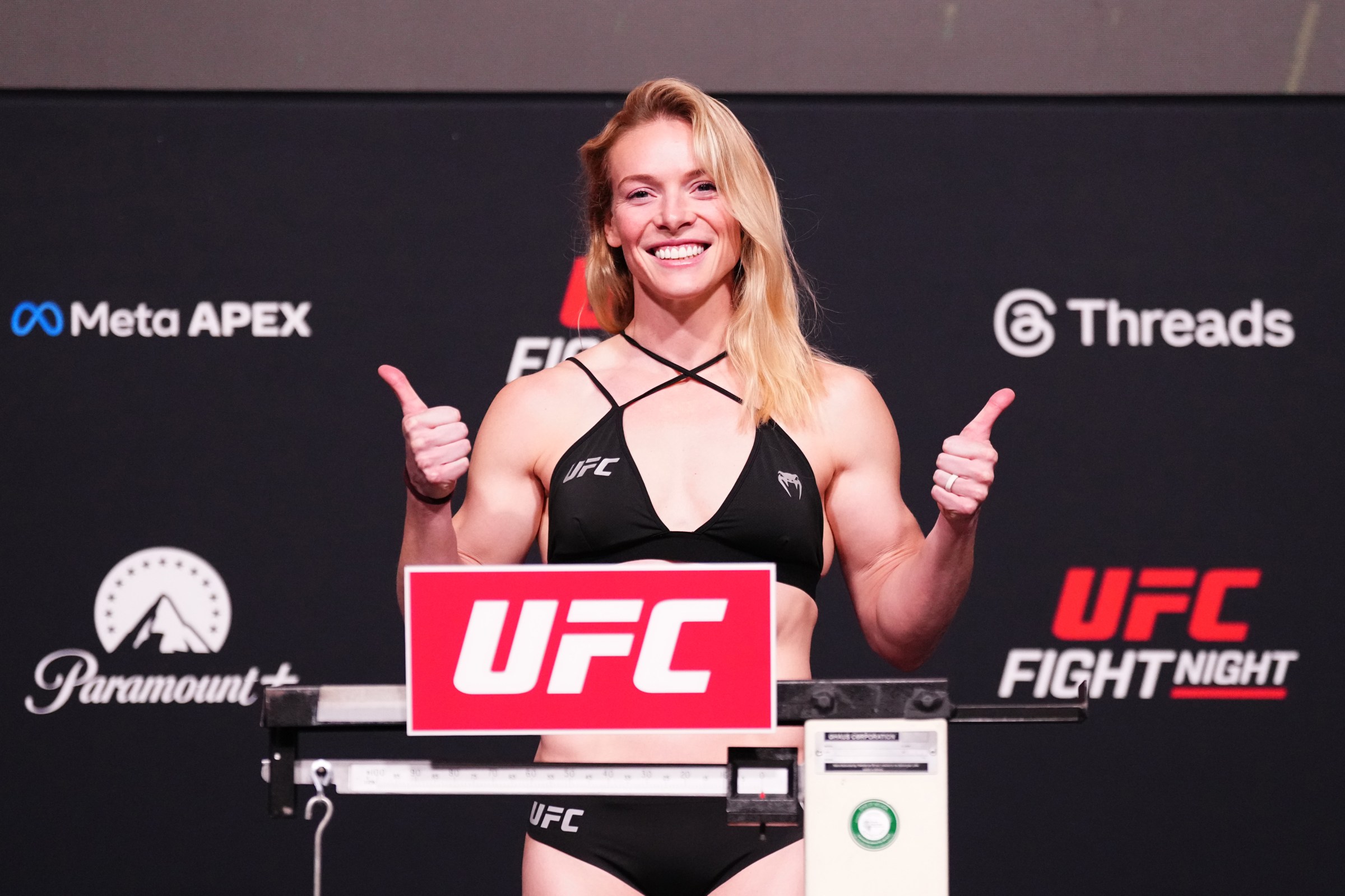 LAS VEGAS, NEVADA - APRIL 03: Hailey Cowan poses on the scale during the UFC Fight Night official weigh-ins at Meta APEX on April 03, 2026 in Las Vegas, Nevada. (Photo by Jeff Bottari/Zuffa LLC)